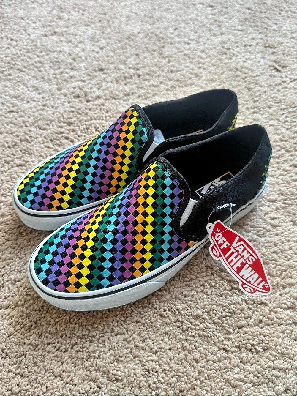 Vans Classic Slip-On Rainbow Checkerboard Sneakers in Black & Multicolor